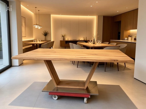 MCA dining table Greta 2, solid oak with live edge, frame with V-leg