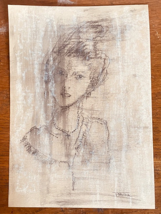 Image 1 of Houtskooltekening, gesigneerd, 19e-eeuws vrouwenportret