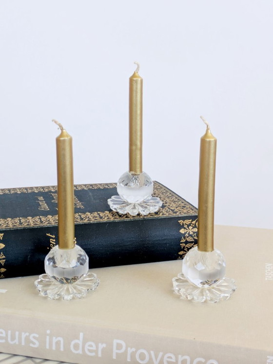 Image 1 of Set of 3 Vintage Crystal Candle Holders, Midcentury Faceted Glass Daisy Base Ornaments