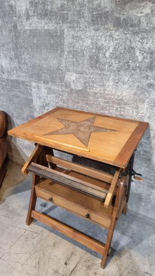 Tavolo da disegno antico vintage, tavolo da bar intarsiato in mogano regolabile
