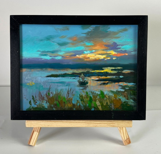 Impressionistisches Landschafts-Ölgemälde mit Boot und Sonnenuntergangsfischen, Gemälde & Zeichnungen, Holz (Foto 2 von 11)