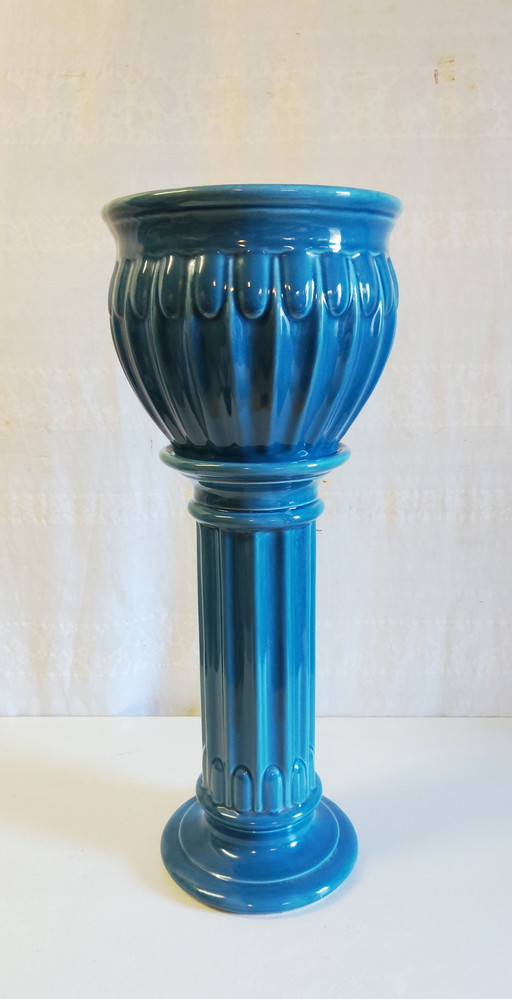 Kolom en wasbak in art-decostijl van blauw geglazuurd keramiek - midden 20e eeuw – plantenbak, Ceramic