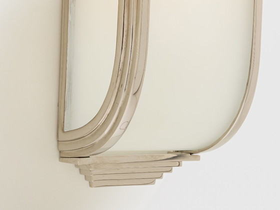 Image 1 of Coppia di lampade da parete in acciaio nichelato opalino, stile Art Déco francese, modernista, 1930