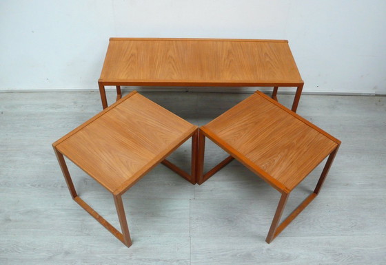 Image 1 of Teakhouten salontafelset uit de jaren 60, 3-delig, model 134 van Kai Kristiansen, multifunctioneel en flexibel, Deens modern.