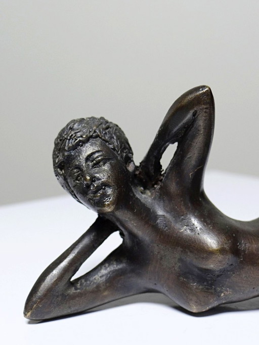 Small Mid - Century bronze, small bather, reclining nude woman