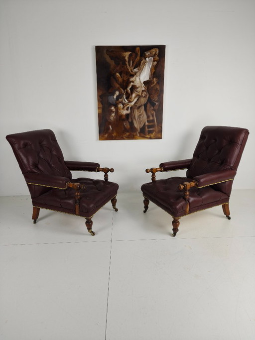 Pair of Antique Library Chairs - Original William Morris & Co Edinburgh Stamped Armchairs – fauteuils (photo 2 of 18)