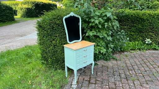 Romantica toeletta vintage con specchio | Pezzo unico in legno massello di quercia riciclato in stile Luigi XV