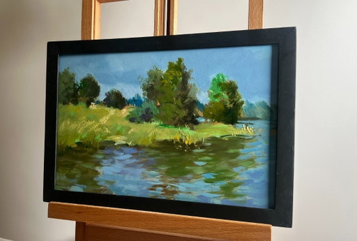 Dipinto ad olio originale, paesaggio costiero fluviale. Un acquazzone si avvicina lungo il fiume.