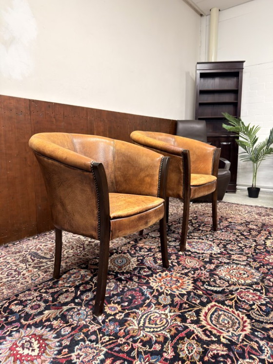 Set Klassiek Engelse Schaap Lederen Stoelen – Fauteuils, Leather, Wood (photo 12 of 12)