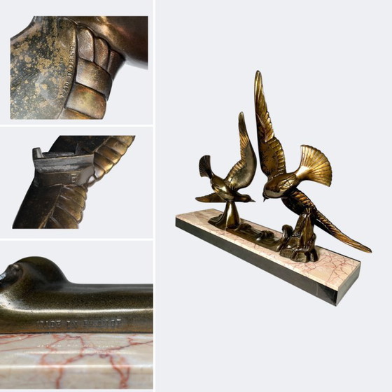 Image 1 of Art Deco Flight of Seagulls Spelter Statue - French Flying Sea Birds Patinated Cast Metal Figures on Marble Base 