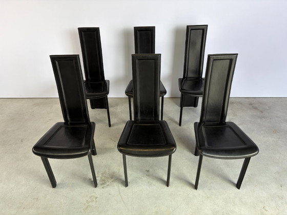 Sedie da pranzo vintage in pelle nera, set di 6, anni '80 (photo 7 of 9)