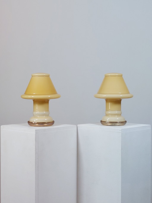 Een paar vintage glazen tafellampen/nachtlampjes