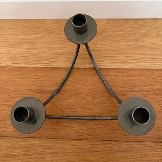 Vintage three-arm metal candle holder, minimalist, 20 cm, Grey (photo 2 of 5)
