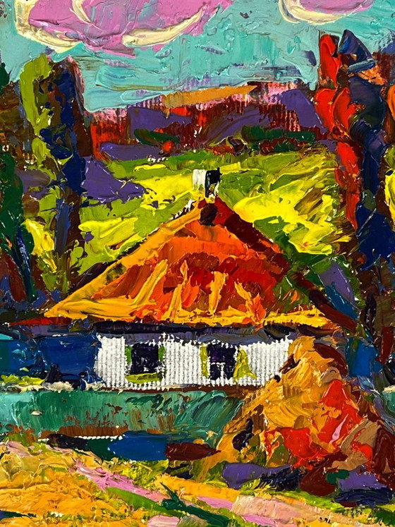 Image 1 of Dipinto ad olio originale Paesaggio rurale Casa Vita di campagna Un sentiero vicino al villaggio