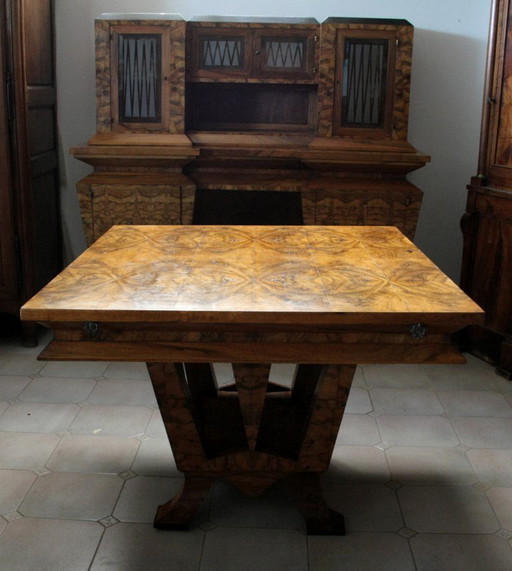 Table de salle à manger Art Déco, bois d'olivier, Italie, Rome, design unique, 1933