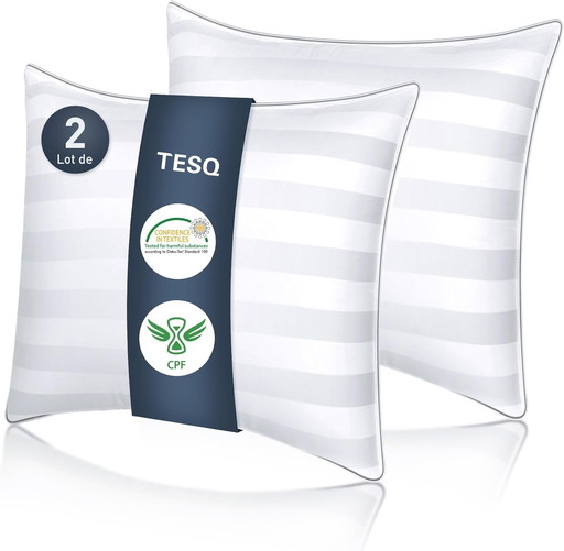 TESQ Oreiller 65x65 cm Lot de 2 Oreillers Confort Moelleux, Qualité Hôtelière de Luxe, Respirant et Hypoallergénique, Idéal pour