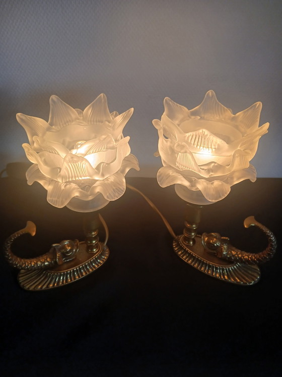 Image 1 of Pair of tulip-shaped dolphin lamps.