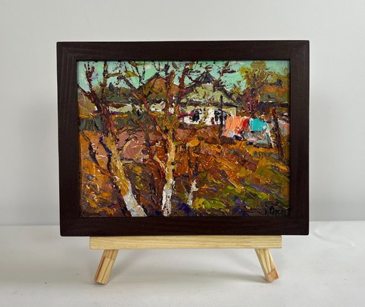 Original Oil Painting Spring Village Landscape Village with the approach of spring