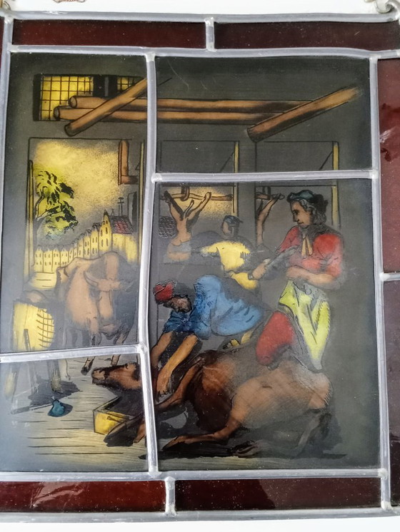 Image 1 of Antiek Glas in Lood Slagers Slachthuis Koeien