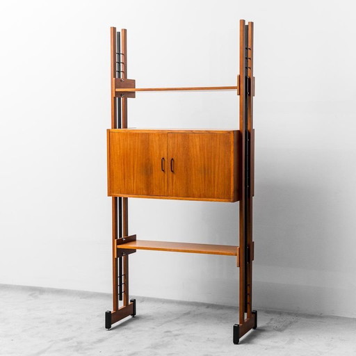  BIBLIOTHÈQUE MOBILE EN TECK AVEC ÉTAGÈRES VINTAGE MODERNES DES ANNÉES 1960