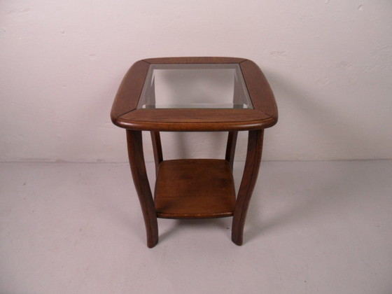 Image 1 of Vintage oak side table with glass 1950s