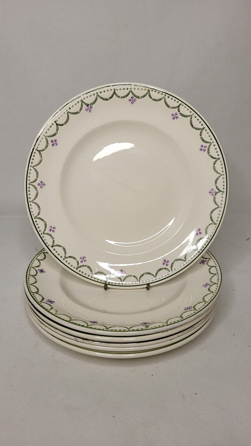 6 Longwy Earthenware Dinner Plates Model Violetta