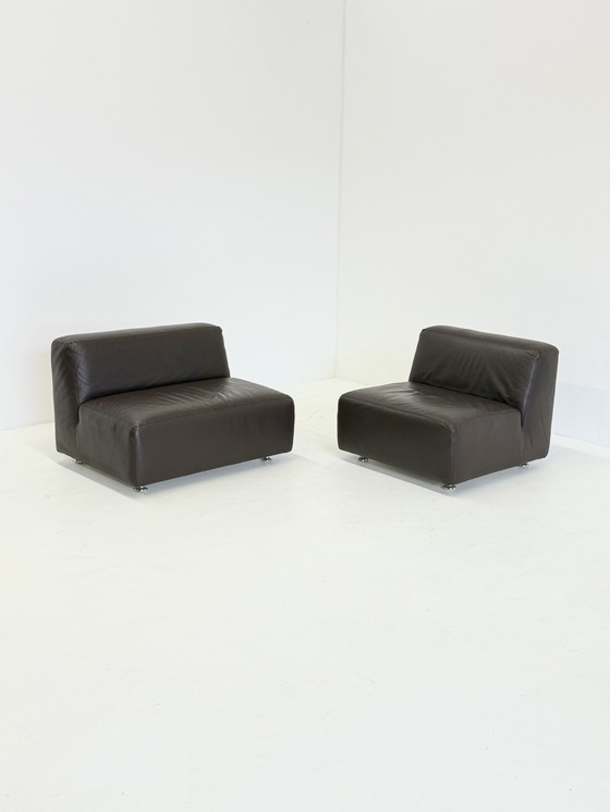 Image 1 of Set van 3 vintage space age modulaire leren sofa / fauteuils in donkerbruin