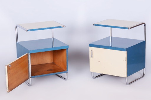 Een paar gerestaureerde Bauhaus-nachtkastjes, chroom, gelakt hout, Tsjechië, jaren 1930 – Wood, Chrome