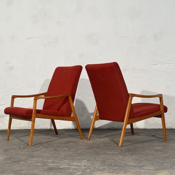 Pair of Jiří Jiroutek Red Armchairs, 1960s – Jiri Jiroutek, Textile, Wood (photo 3 of 10)