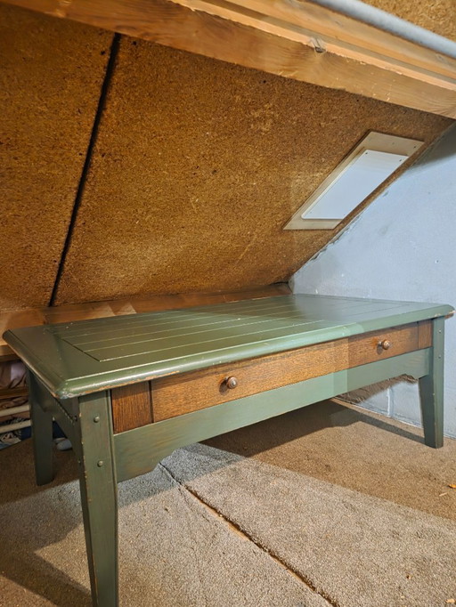 Auténtica mesa de centro rústica verde oliva del siglo XIX