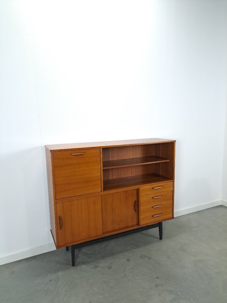 Teak Wandkast Met Lades, Bar En Zwarte Poten