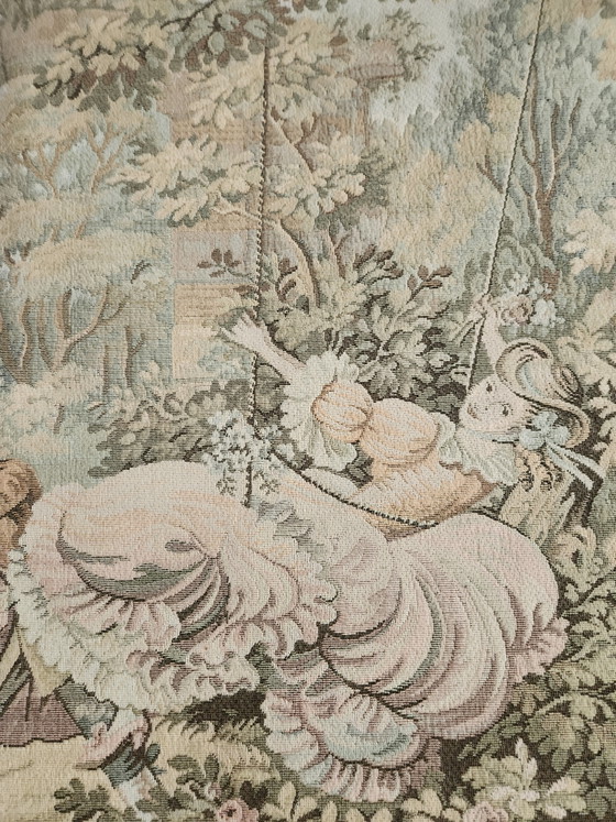 Frans wandtapijt in de stijl van Aubusson/Vlaanderen. Galante scène in een tuinlandschap, "Fêtes galantes", (photo 8 of 14)