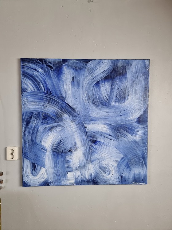 Image 1 of Contemporary abstract modern blue painting hand-painted 100x100 cm