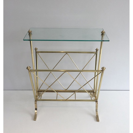 Image 1 of Vintage brass magazine rack and Neoclassical glass shelf, 1940