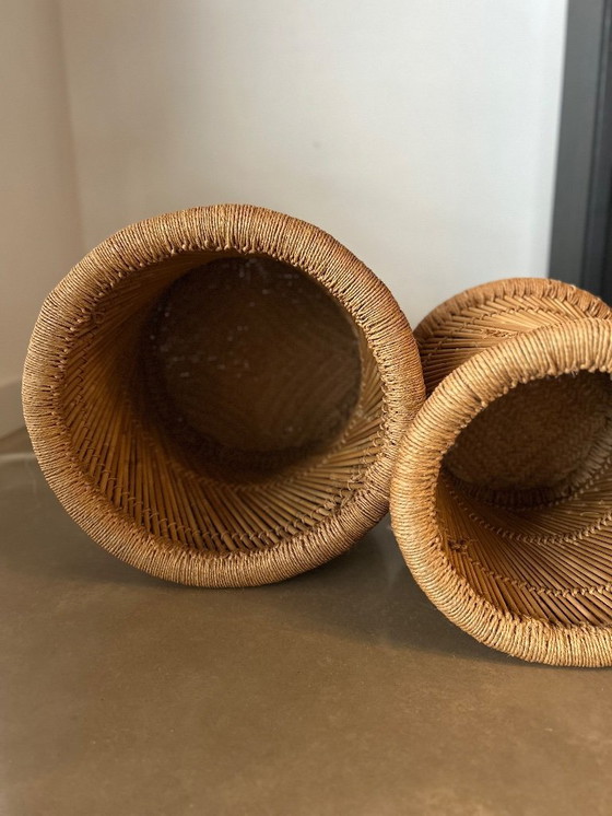 Image 1 of Set of side tables/poufs/plant tables made of bamboo with woven jute