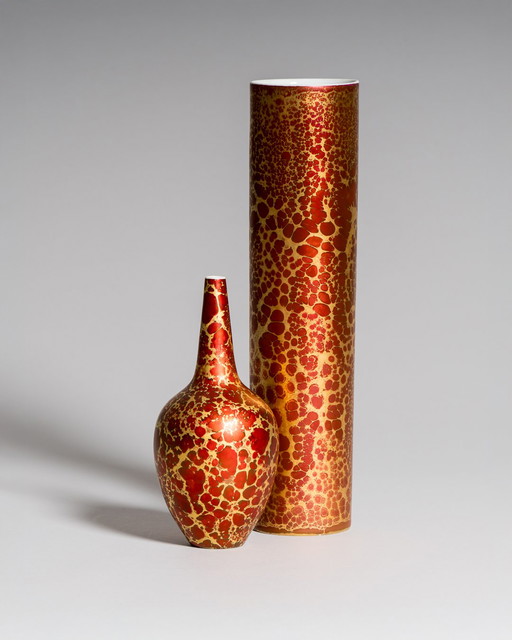 Rosenthal H. Drexler Hand-painted Retro Cylinder & Bottle Vase Duo Goldfeuer Red