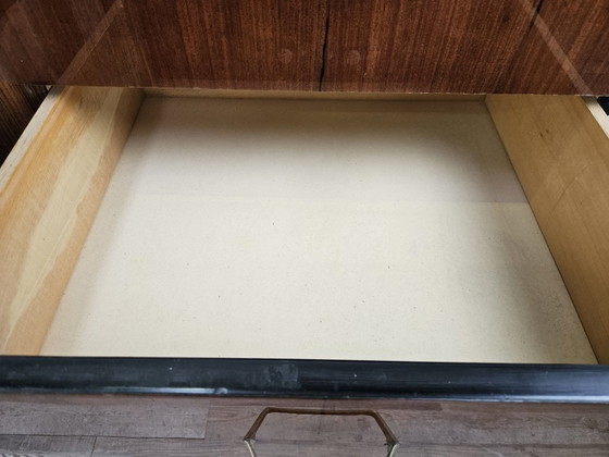 Image 1 of Vintage six-drawer mahogany burl dresser with glass top, 1960