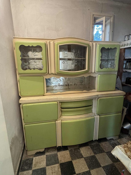 Hungarian Art Deco Green and Cream Kitchen Cabinet with Glass Doors, 1940s, Storage cabinet (photo 2 of 5)