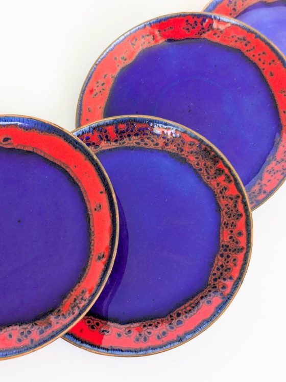 Ensemble de six sous-verres vintage en émail sur cuivre, style années 50 – Accessoires de table, Copper (photo 6 of 16)