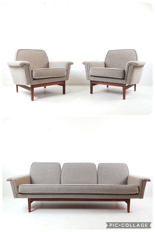 Vintage teak wood sofa set | sofa + 2 armchairs beige wool De Ploeg