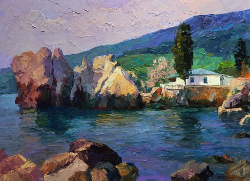 Original Oil Painting Seascape Rocks House On The Beach Morning At Sea – schilderijen tekeningen, Canvas