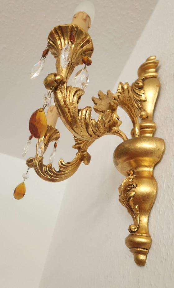 Hand-carved antique Florentine wall hanging with crystal pendants, gilded

with gold leaf, Baroque Rococo, (photo 4 of 15)