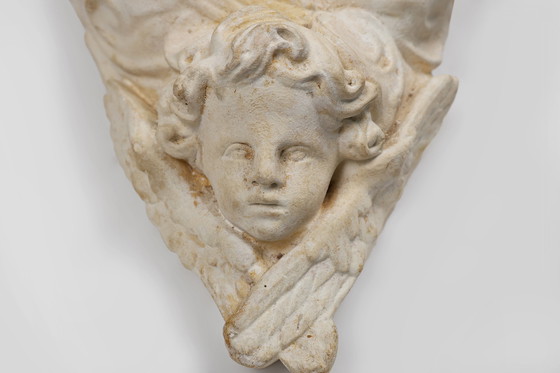 Image 1 of Console murale ancienne en plâtre français avec 3 chérubins, années 1900