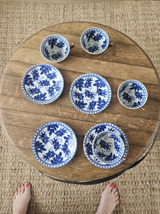 Image 1 of Antikes Tassen- und Untertassenset – Japanisches Batavia-Braun / Kapuziner (Koi-Karpfen) – Neuwertig!