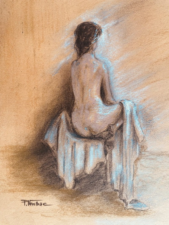 Image 1 of Pastel painting "female portrait from behind in a white drape"