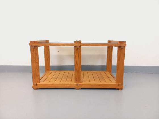 Image 1 of Vintage rectangular coffee table in pine and smoked glass from the 70s/80s