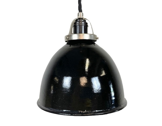 Image 1 of Kleine industriële hanglamp van zwart emaille, jaren 50