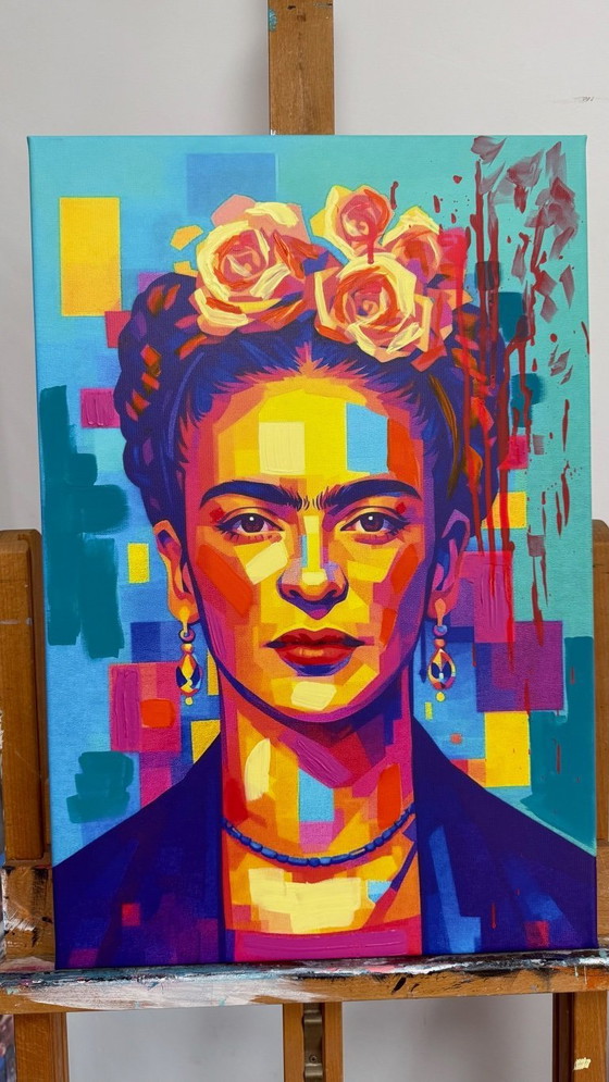 Image 1 of Azzurra Lo Bello - Frida Kahlo - Iconisch pop-geometrisch portret - Hedendaagse pop-art - Gemengde technieken op canvas