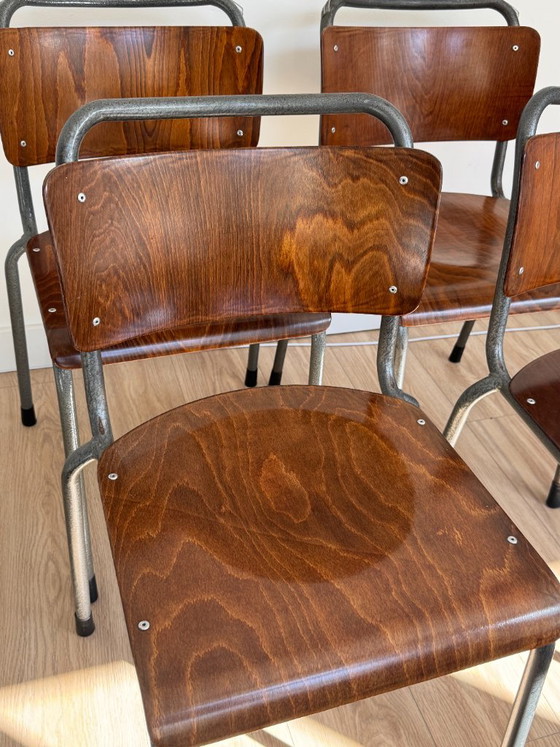 Vintage Industrial Plywood TH-Delft W.H. Gispen Chairs (Set of 4) – Dining chairs, polished steel (photo 2 of 11)