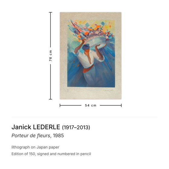 Janick LEDERLE ondertekende lithografie Porteur de fleurs 1985 – Litho's & Zeefdrukken, Paper (photo 3 of 5)